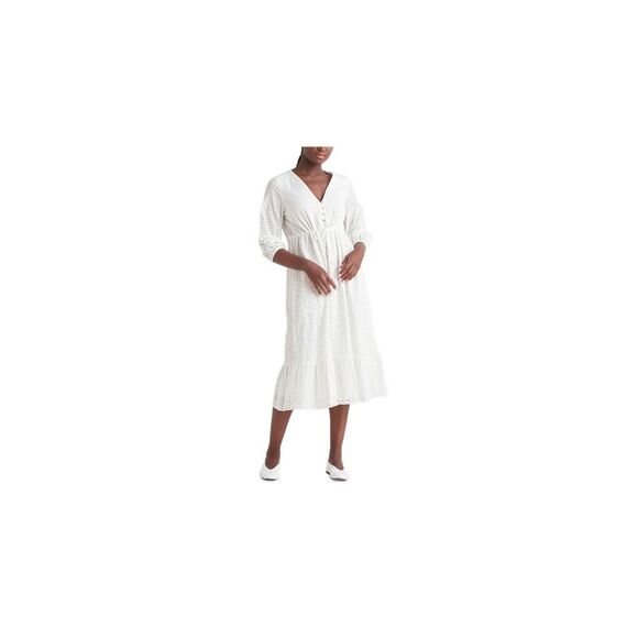 BLACK TAPE Womens White 3/4 Sleeve V Neck Midi Wear To Work Fit + Flare